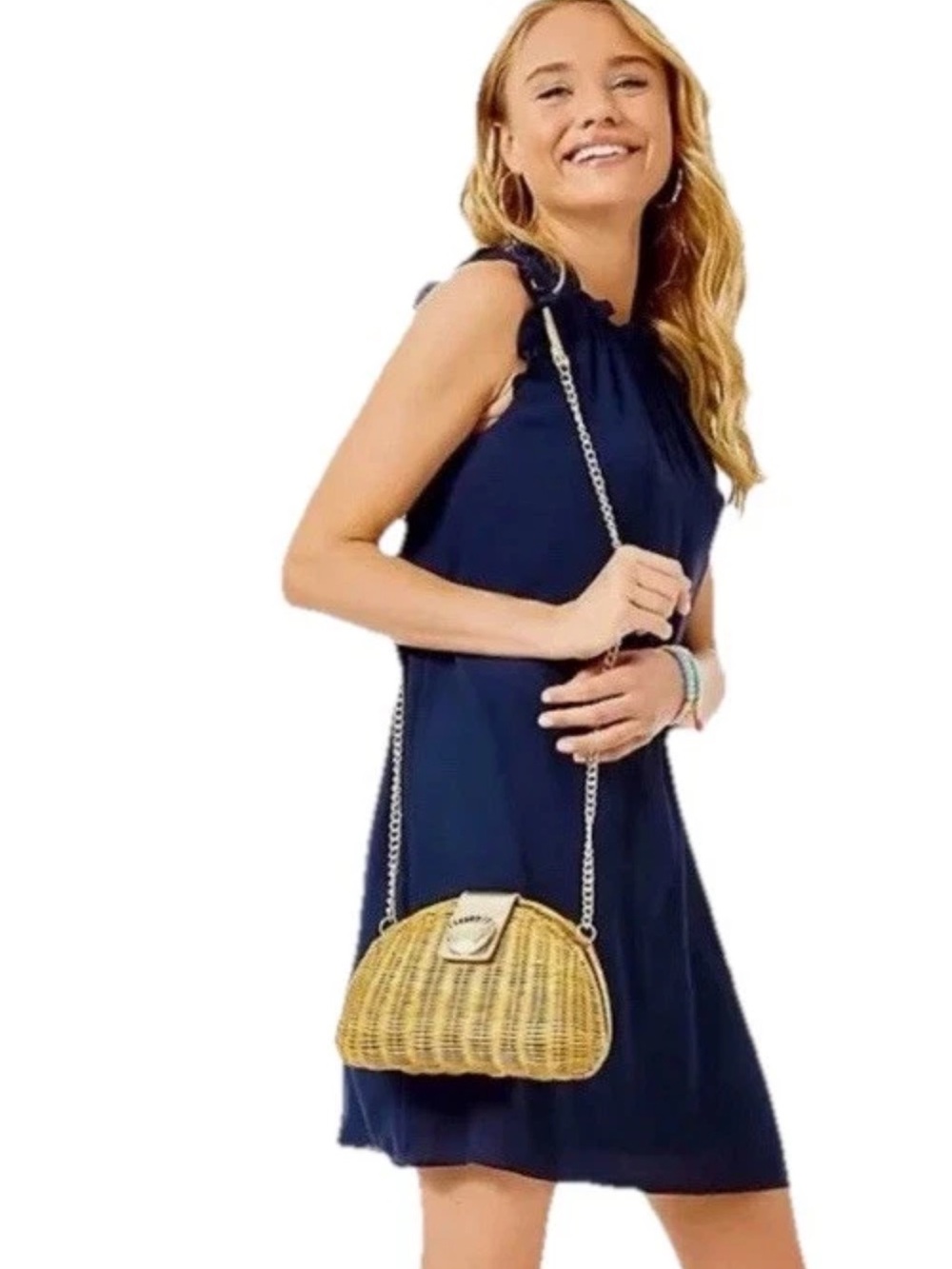 Lilly Pulitzer Talisa Dress Women M Navy Solid Shift Ruffle Neck Wedding Party